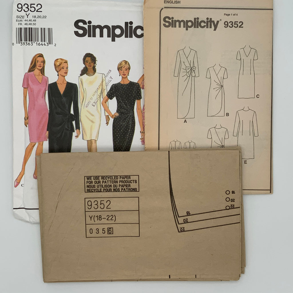 Simplicity 9352 (1996) Dress with Neckline, Sleeve, and Length Variations - Vintage Uncut Sewing Pattern