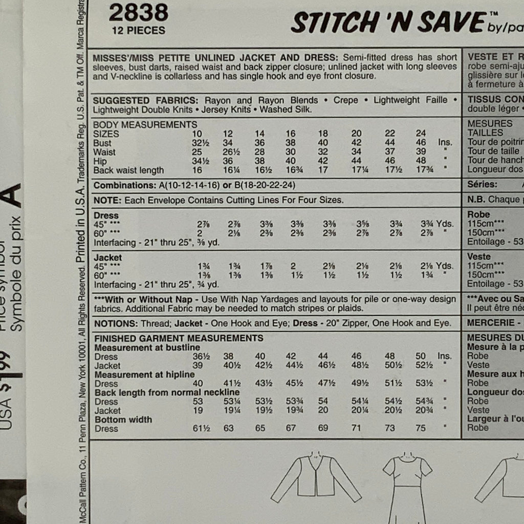 McCall's 2838 (2000) Jacket and Dress - Uncut Sewing Pattern