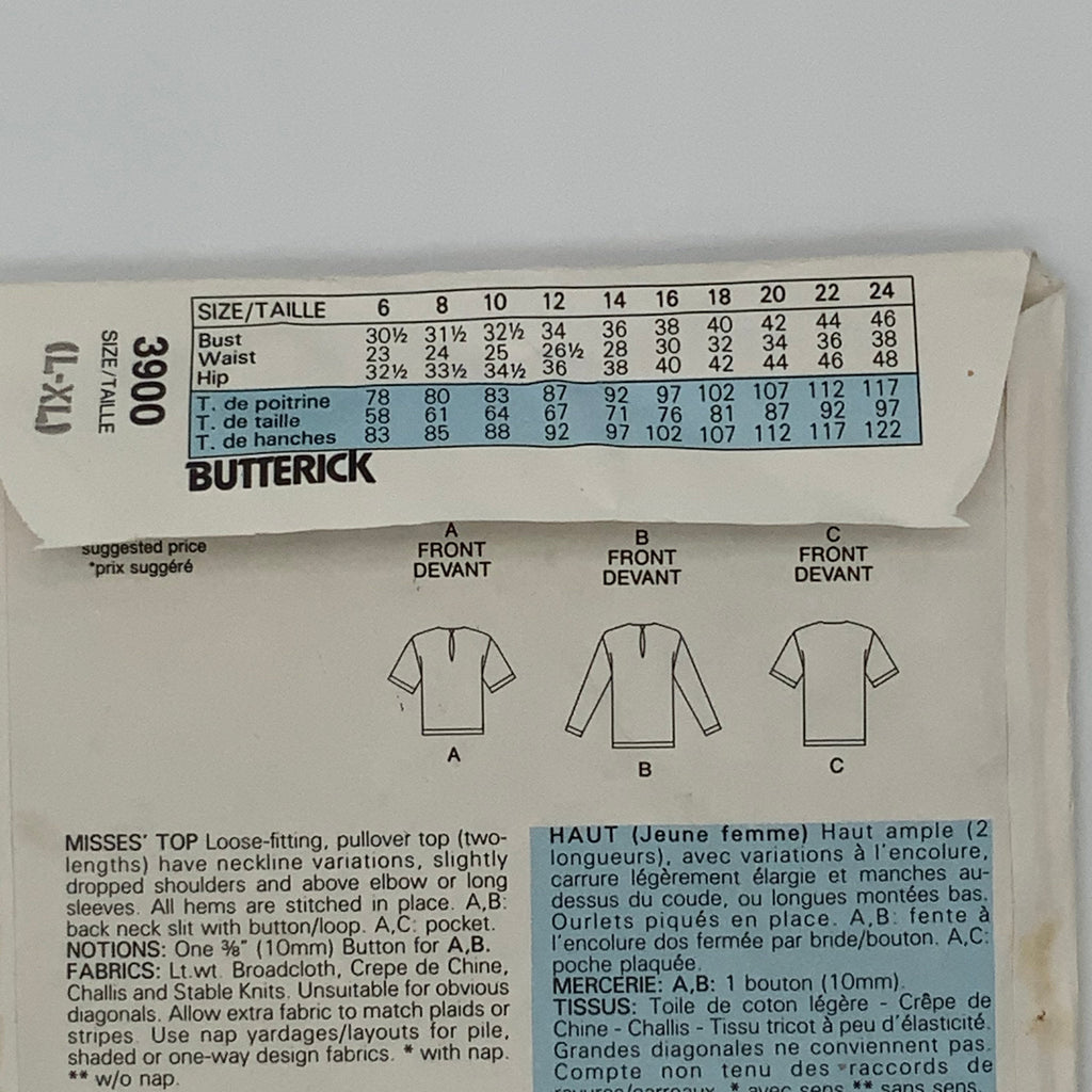 Butterick 3900 (1986) Top with Neckline and Sleeve Variations - Vintage Uncut Sewing Pattern