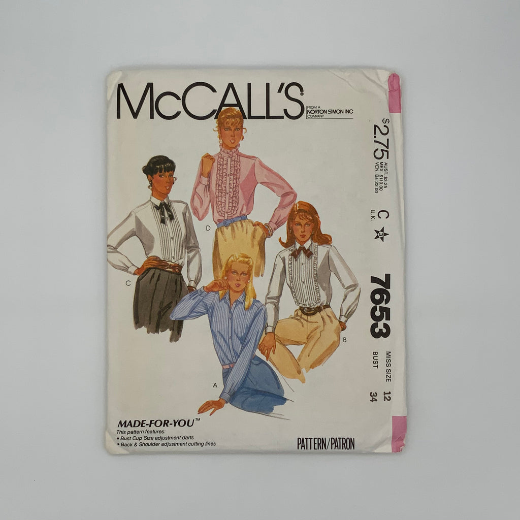 McCall's 7653 (1981) Shirt with Style Variations - Vintage Uncut Sewing Pattern