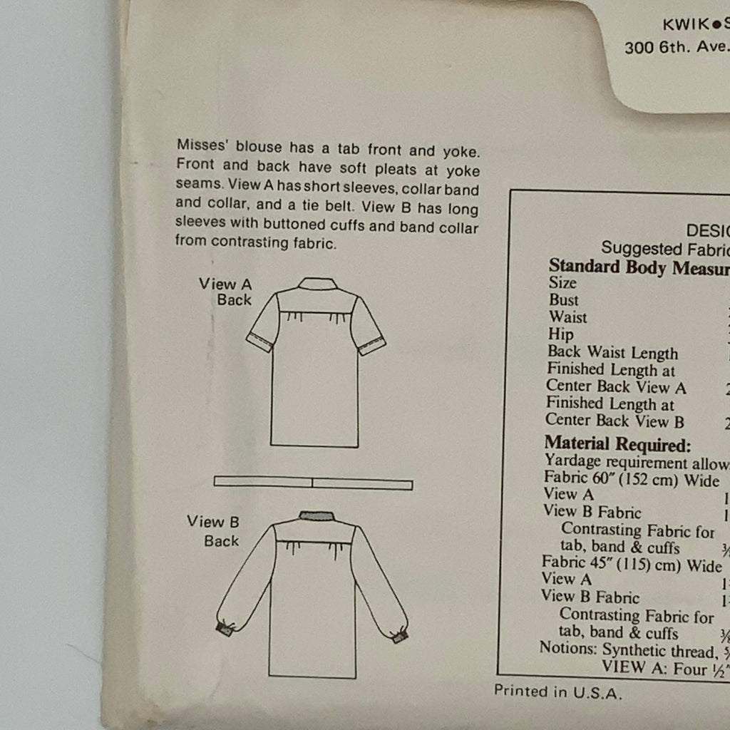 Kwik Sew 1087 Blouse with Neckline and Sleeve Variations - Vintage Uncut Sewing Pattern